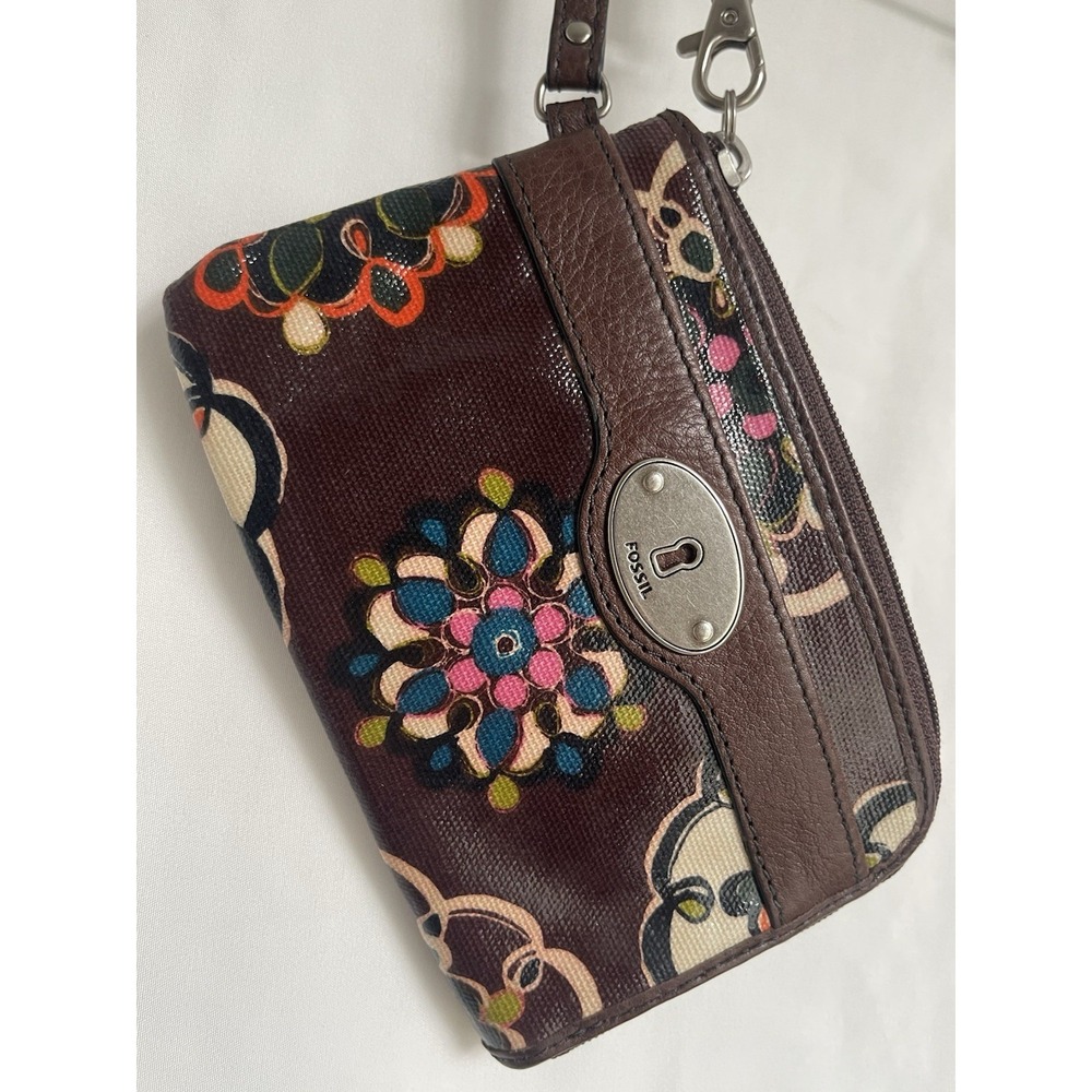 Fossil Key-Per Wristlet Wallet Womens Brown Floral Coated Leather Zip-Around